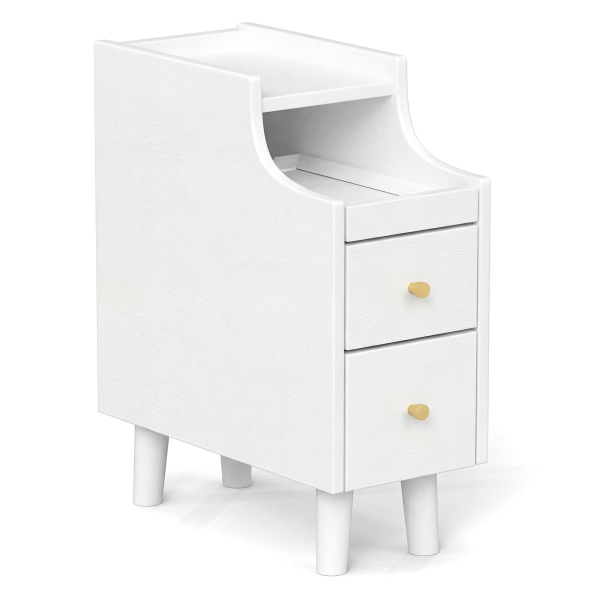 Solid Wood Night Side Table Narrow Bedside Table Nightstand with Pull-out Tray and 2 Storage Drawers-White view 3