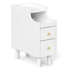 Solid Wood Night Side Table Narrow Bedside Table Nightstand with Pull-out Tray and 2 Storage Drawers-White view 3