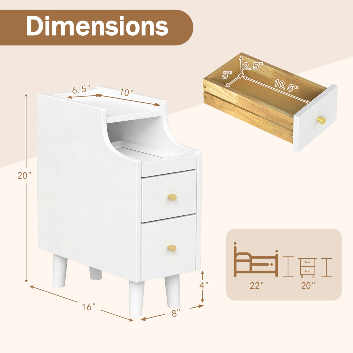 Solid Wood Night Side Table Narrow Bedside Table Nightstand with Pull-out Tray and 2 Storage Drawers-White view 4