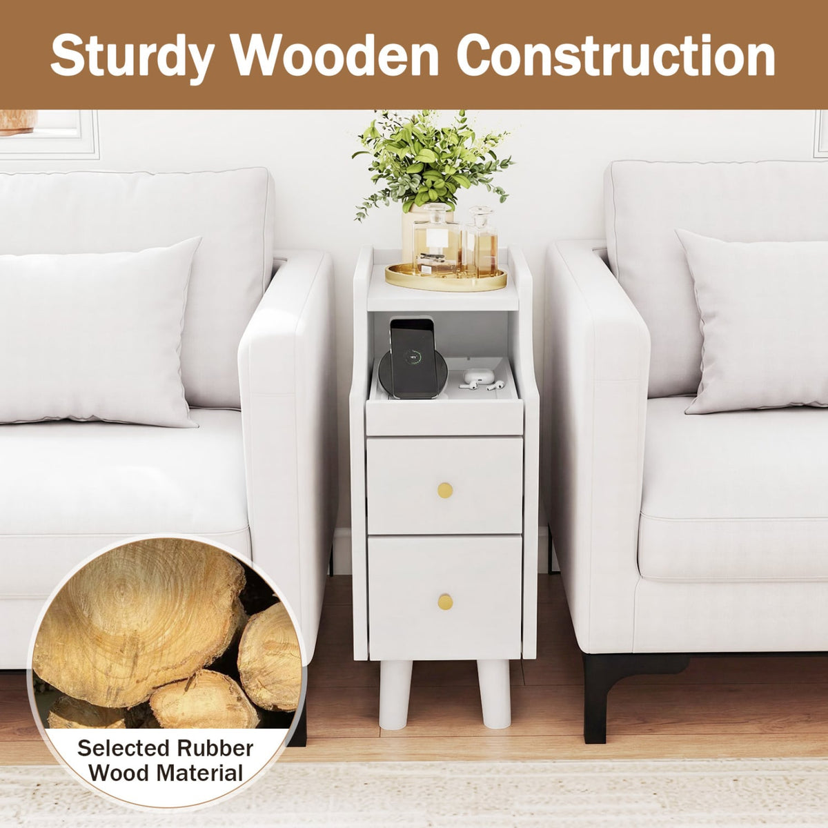 Solid Wood Night Side Table Narrow Bedside Table Nightstand with Pull-out Tray and 2 Storage Drawers-White view 6