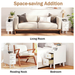 Solid Wood Night Side Table Narrow Bedside Table Nightstand with Pull-out Tray and 2 Storage Drawers-White view 8