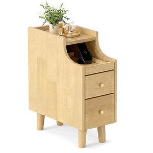 Solid Wood Night Side Table Narrow Bedside Table Nightstand with Pull-out Tray and 2 Storage Drawers-Natural