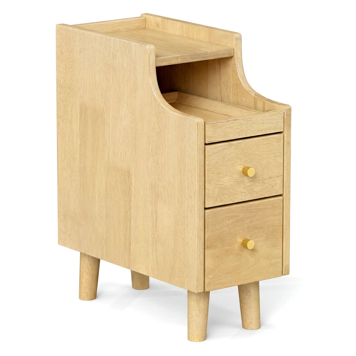 Solid Wood Night Side Table Narrow Bedside Table Nightstand with Pull-out Tray and 2 Storage Drawers-Natural view 3