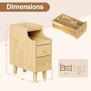 Solid Wood Night Side Table Narrow Bedside Table Nightstand with Pull-out Tray and 2 Storage Drawers-Natural view 4