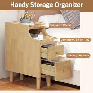 Solid Wood Night Side Table Narrow Bedside Table Nightstand with Pull-out Tray and 2 Storage Drawers-Natural view 5