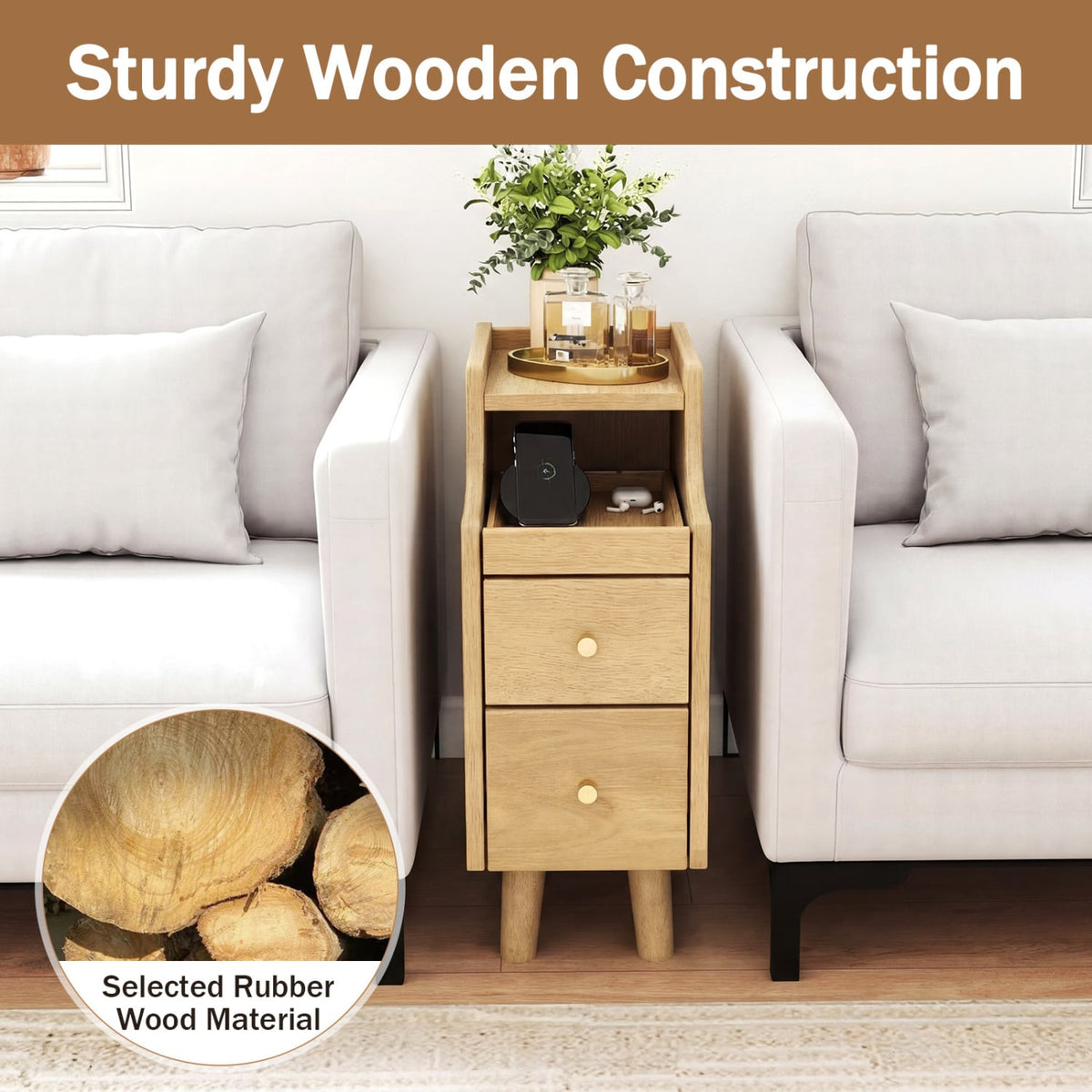 Solid Wood Night Side Table Narrow Bedside Table Nightstand with Pull-out Tray and 2 Storage Drawers-Natural view 6