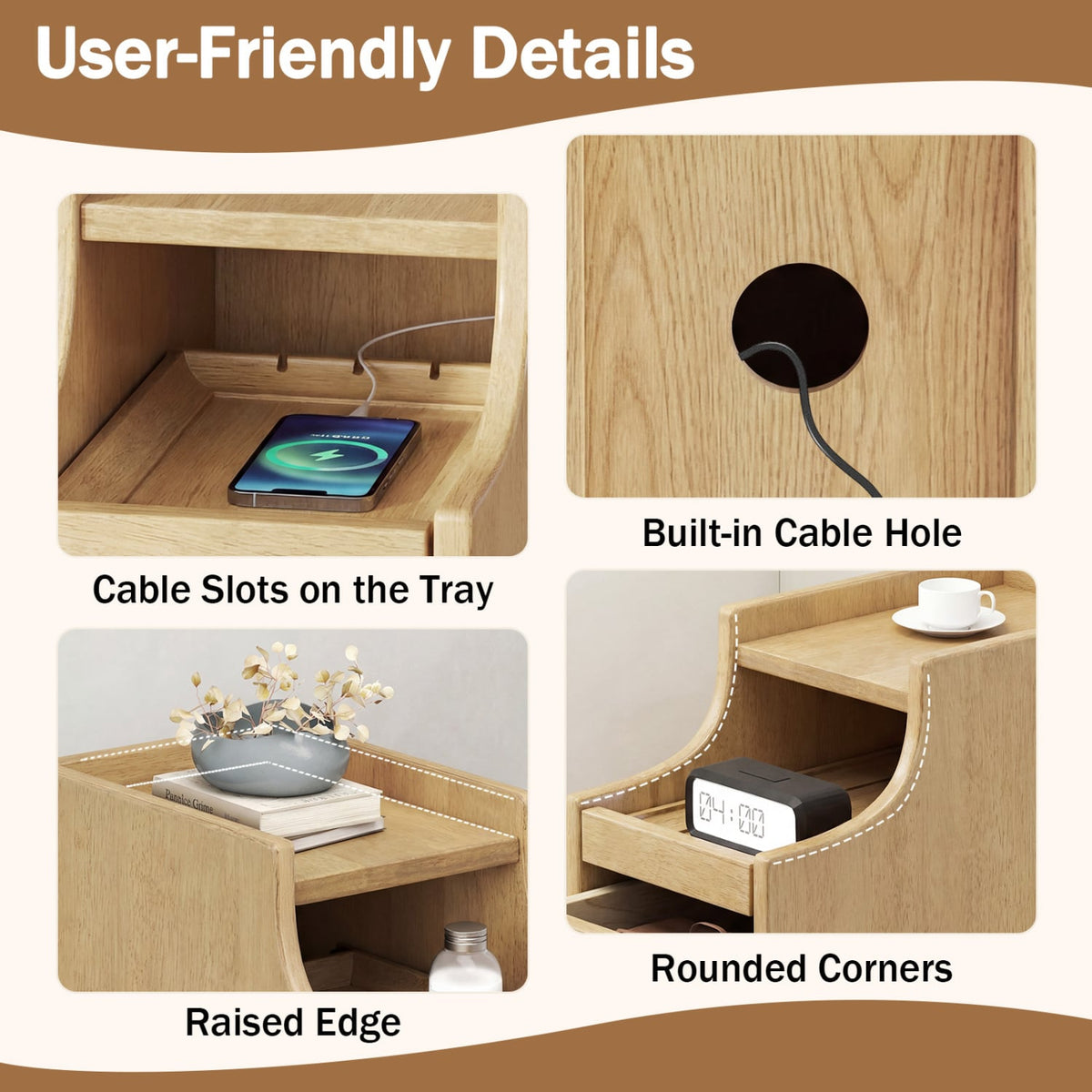 Solid Wood Night Side Table Narrow Bedside Table Nightstand with Pull-out Tray and 2 Storage Drawers-Natural view 7
