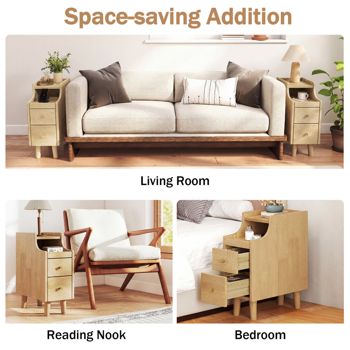 Solid Wood Night Side Table Narrow Bedside Table Nightstand with Pull-out Tray and 2 Storage Drawers-Natural view 8