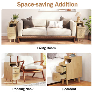 Solid Wood Night Side Table Narrow Bedside Table Nightstand with Pull-out Tray and 2 Storage Drawers-Natural view 8