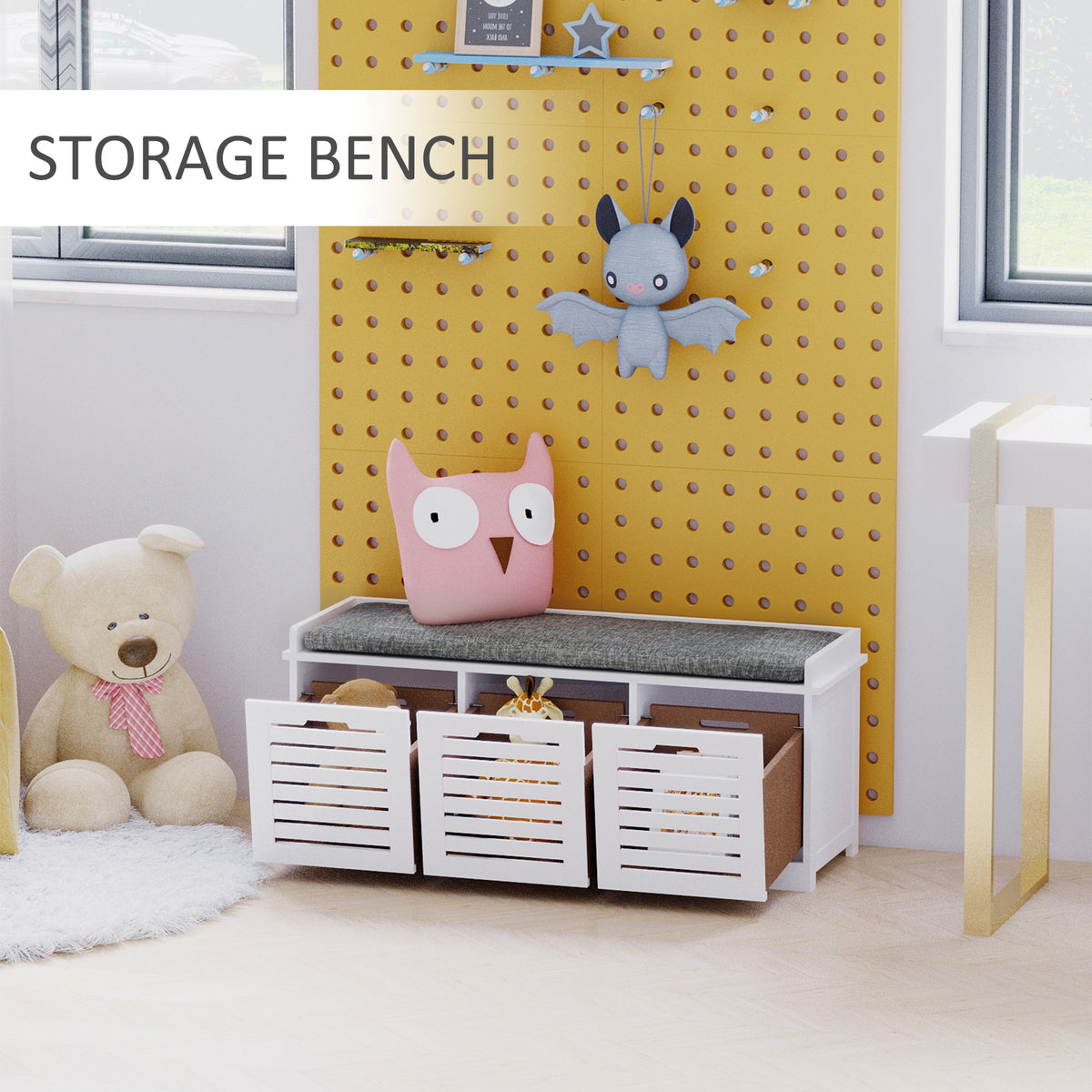 Upholstered Shoe Cabinet Storage Bench with Padded Cushion, with 3 drawer Enough Storage Space Bench Stool for Living Room Entryway Furniture, White