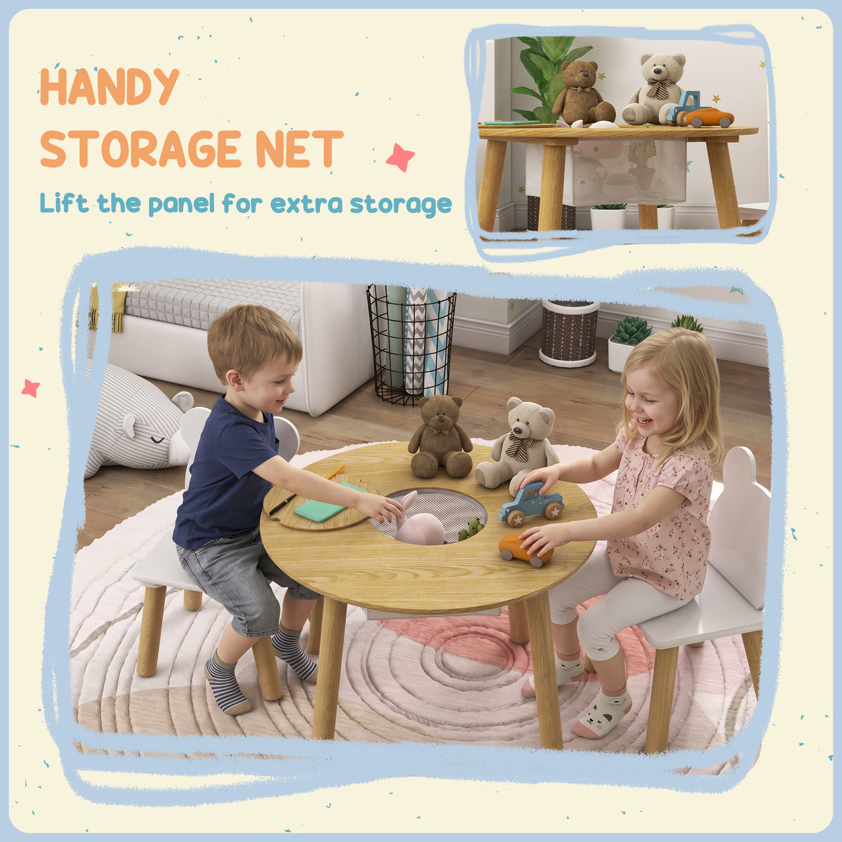 Qaba 3 Pieces Kids Table and Chair Set, Activity Table and Chair Set with Bear-Shaped Chairs, Mesh Bag