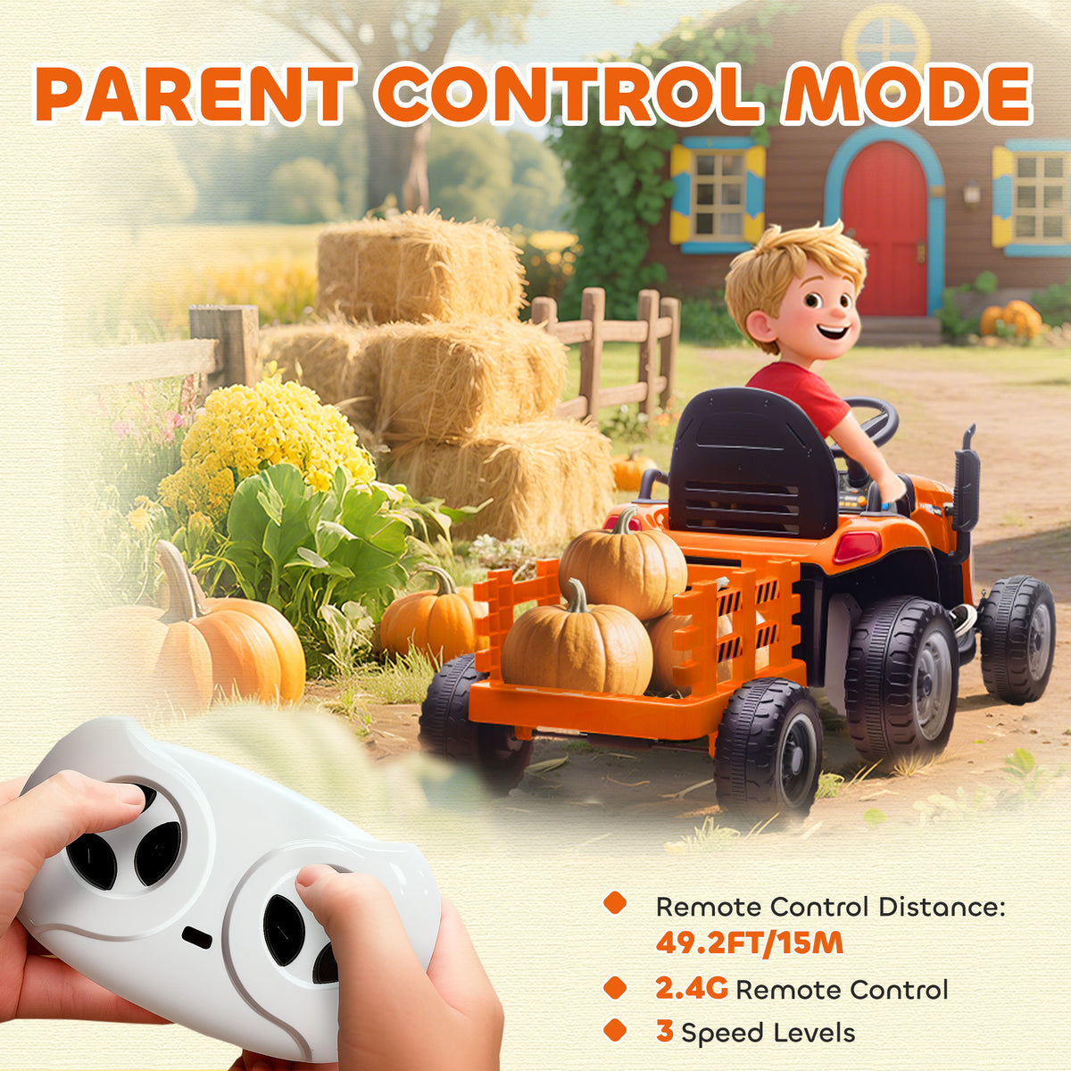 Qaba 12V Kids Ride On Tractor with Trailor, Remote Control, Music, Lights, Shifter, for Kids Ages 3-8 Years