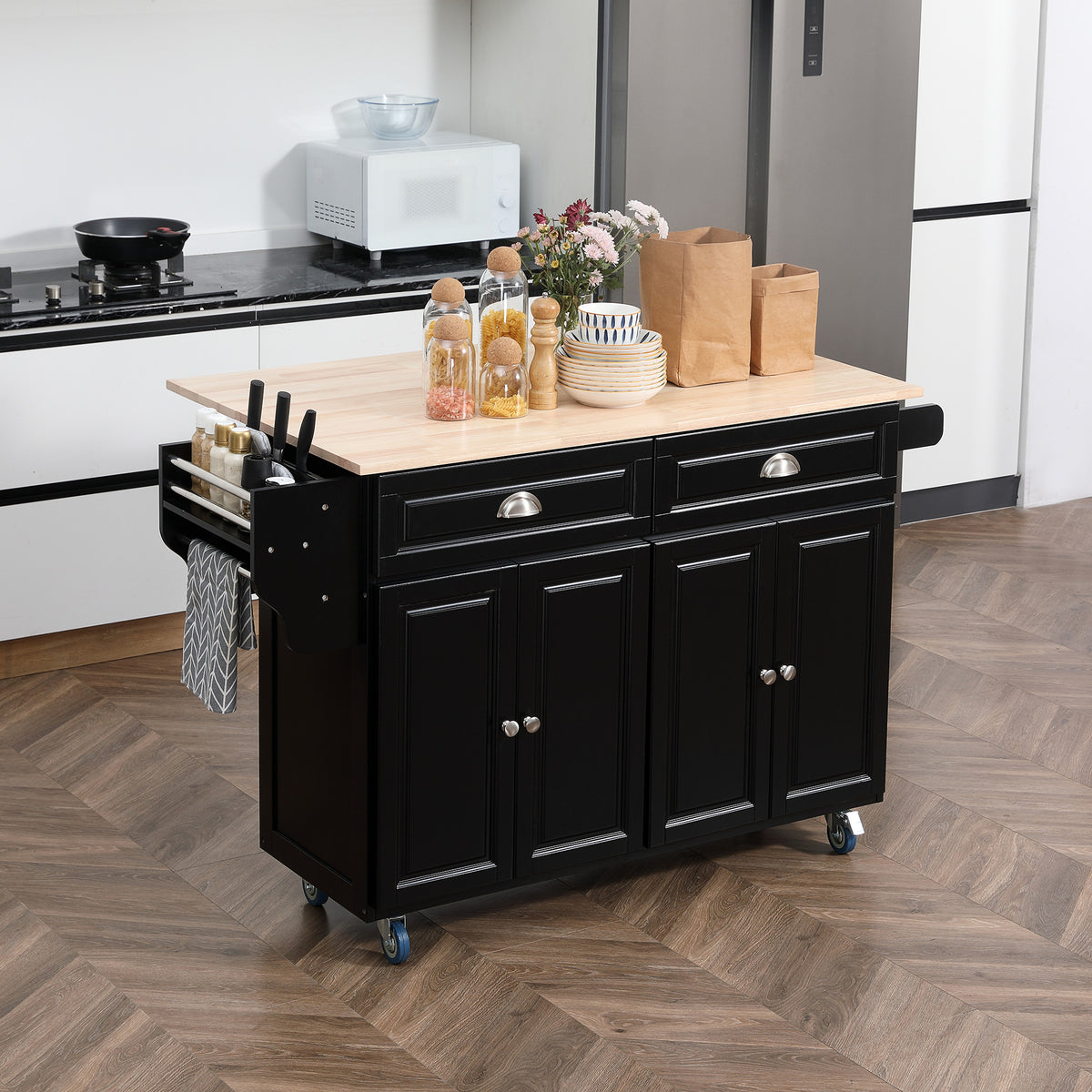 Kitchen Island with Storage, Rolling Kitchen Island with Drop Leaf, Rubber Wood Top and Adjustable Shelves, Black