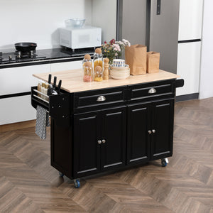 Kitchen Island with Storage, Rolling Kitchen Island with Drop Leaf, Rubber Wood Top and Adjustable Shelves, Black