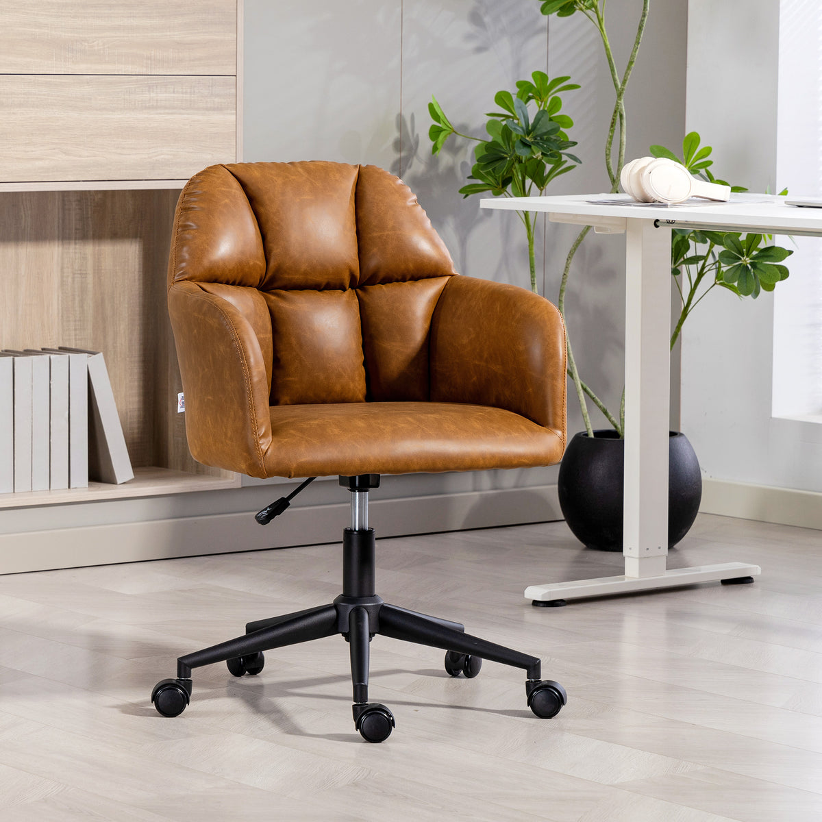 Swivel Office Chair, Faux Leather Desk Chair with Adjustable Height for Living Room, Bedroom, Study, Brown