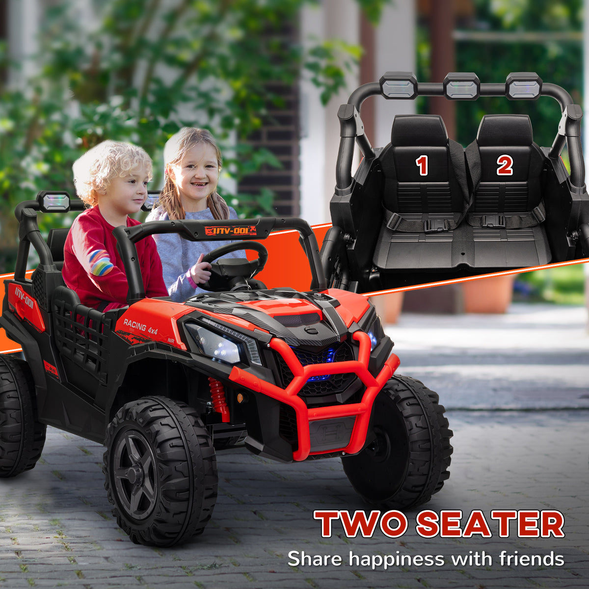 Qaba 2 Seater 24V Electric Car for Kids w/ Remote Control, 3 Speed, LED Lights, Music, Horn, Spring Suspension