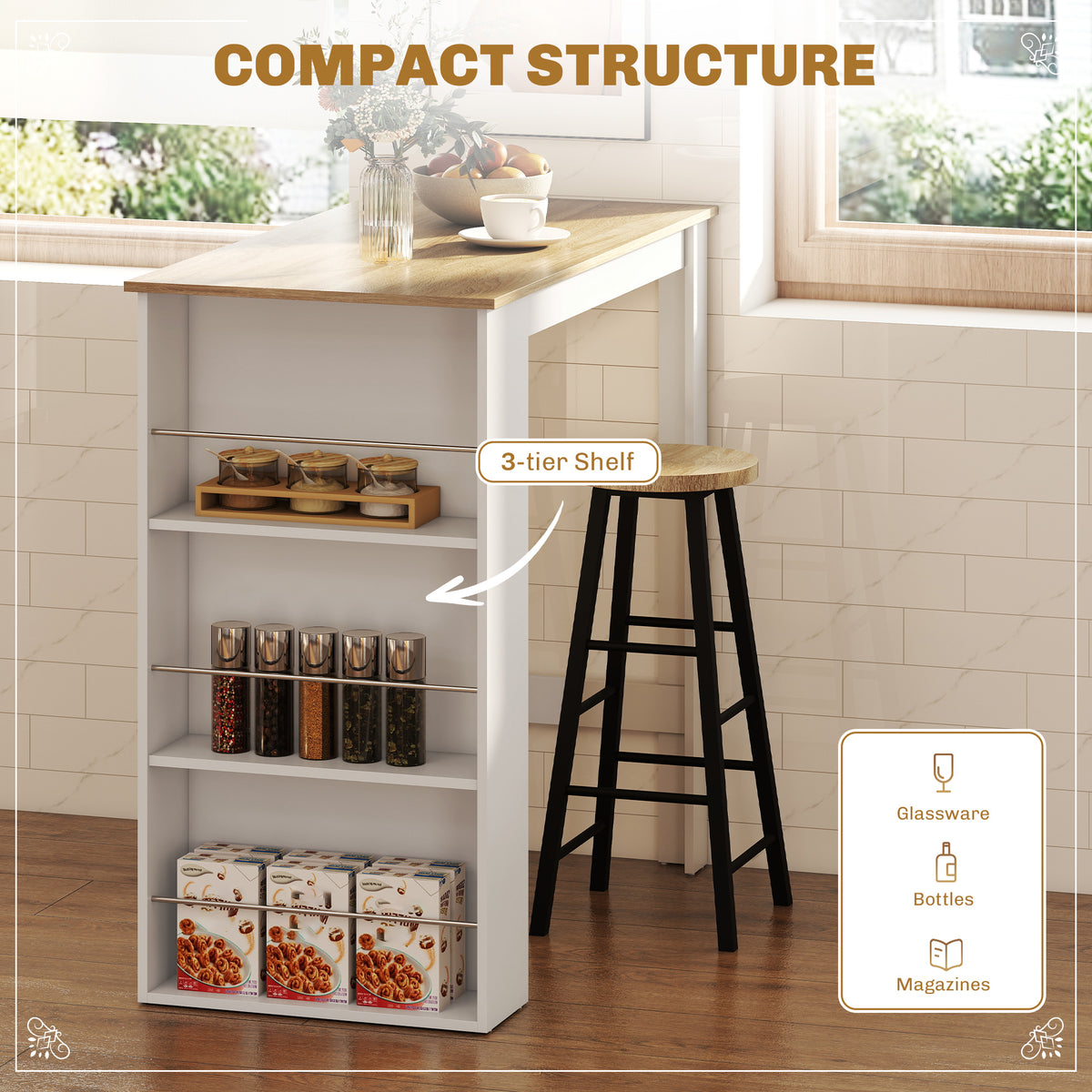 Bar Table Counter Height Dining Table with 3 Storage Shelves for Kitchen, Dining Room, Living Room, Natural