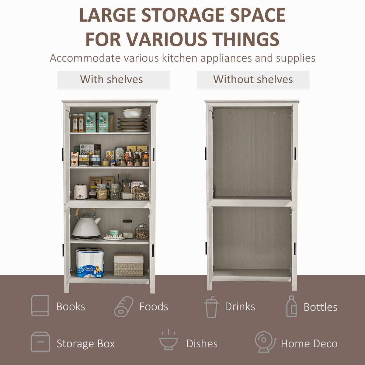 64" Kitchen Pantry Cabinet, Freestanding Storage Cabinet with 4 Doors, 3 Adjustable Shelves, Antique White