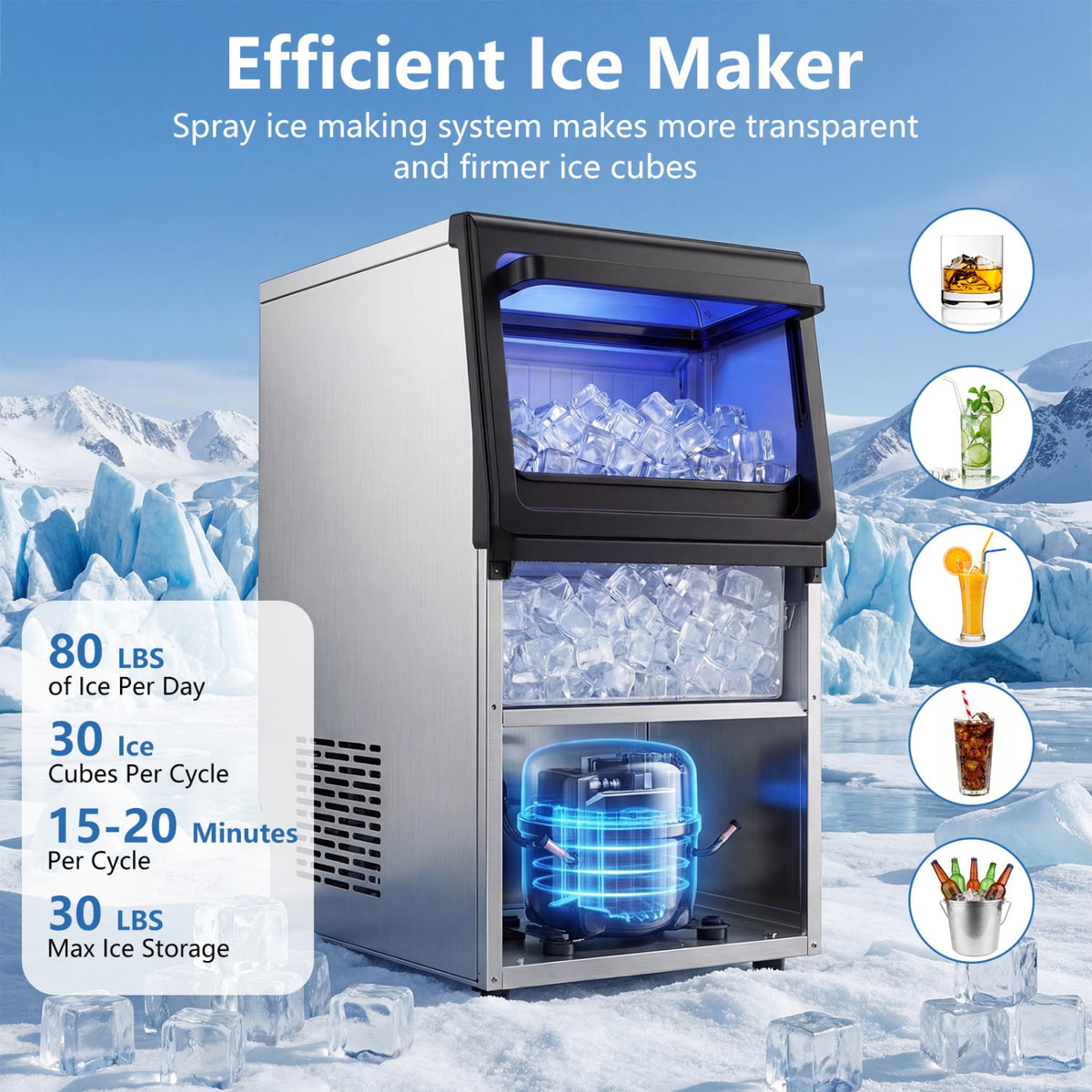 Stainless Steel Spary Ice Maker with 30 LBS Storage Capacity and 80 LBS Per Day view 6