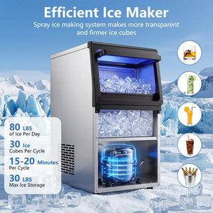 Stainless Steel Spary Ice Maker with 30 LBS Storage Capacity and 80 LBS Per Day view 6
