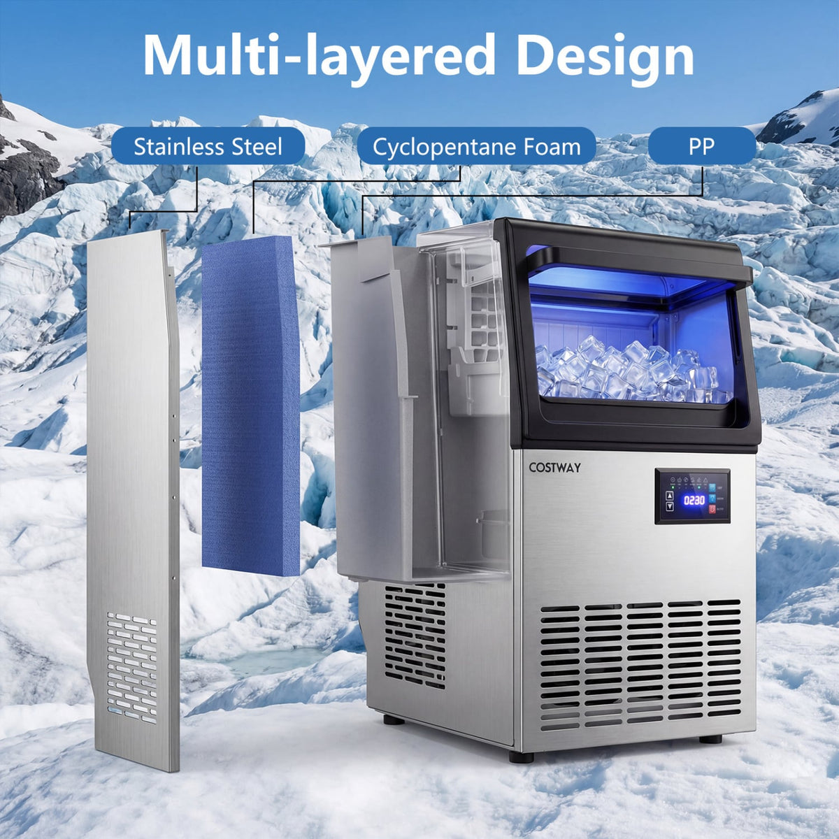 Stainless Steel Spary Ice Maker with 30 LBS Storage Capacity and 80 LBS Per Day view 8