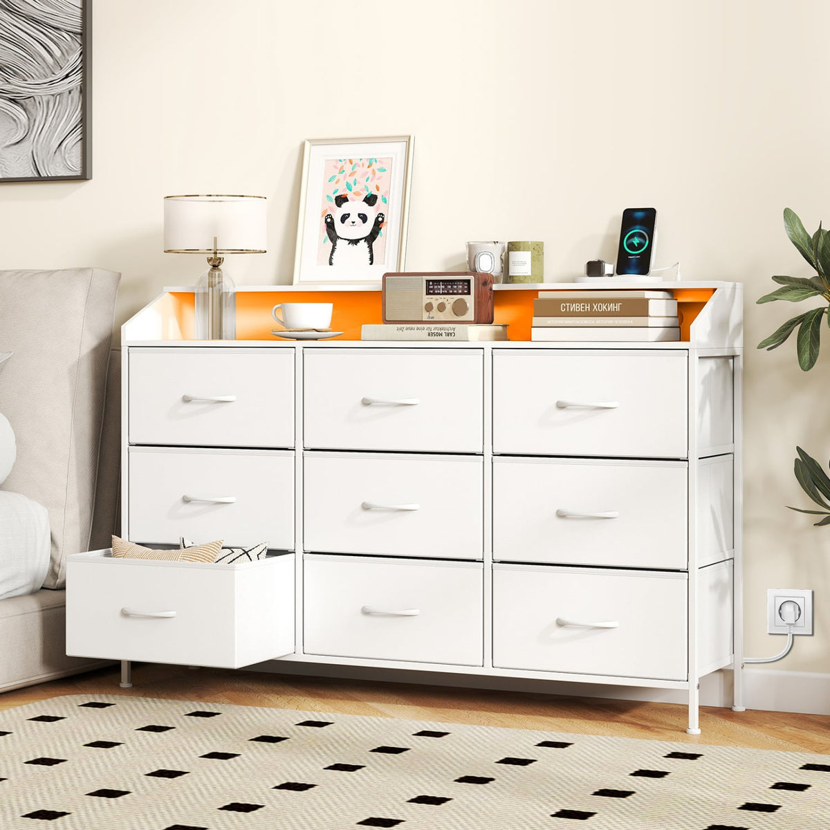 Storage Organizer with LED Lights and 9 Fabric Drawers for Bedroom-White view 3