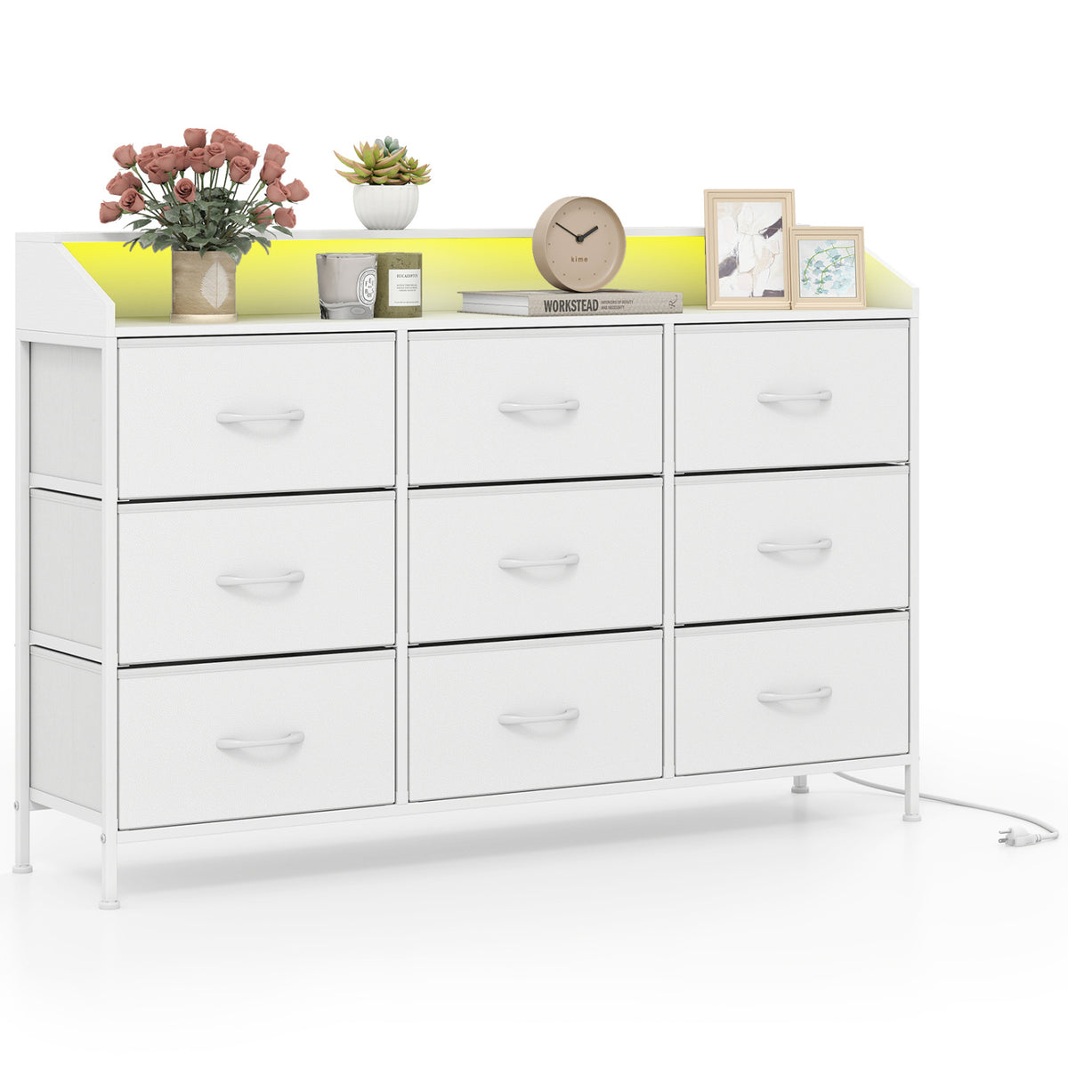 Storage Organizer with LED Lights and 9 Fabric Drawers for Bedroom-White view 4