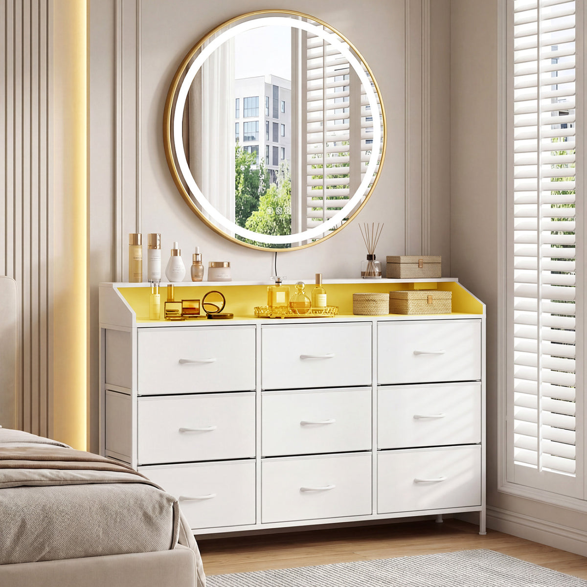 Storage Organizer with LED Lights and 9 Fabric Drawers for Bedroom-White view 7