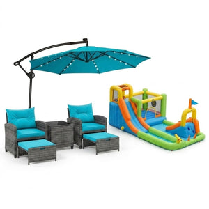 Summer Patio Luxury Bundle: 5-Pc Rattan Furniture Set, 8-in-1 Water Slide & 10ft LED Offset Umbrella