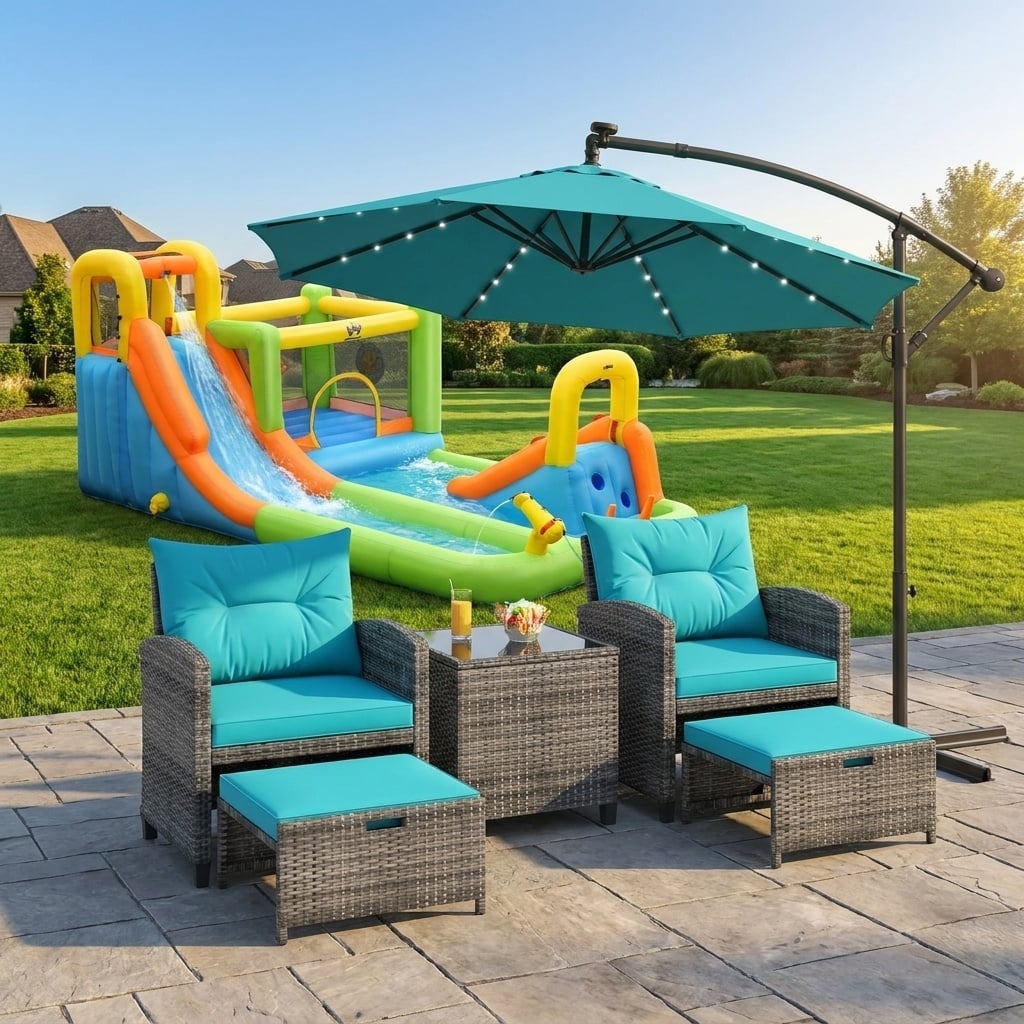 Summer Patio Luxury Bundle: 5-Pc Rattan Furniture Set, 8-in-1 Water Slide & 10ft LED Offset Umbrella view 3