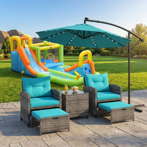 Summer Patio Luxury Bundle: 5-Pc Rattan Furniture Set, 8-in-1 Water Slide & 10ft LED Offset Umbrella view 3