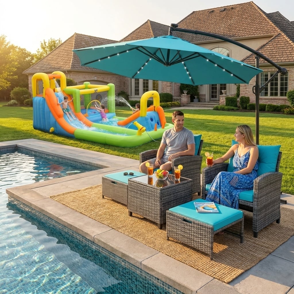 Summer Patio Luxury Bundle: 5-Pc Rattan Furniture Set, 8-in-1 Water Slide & 10ft LED Offset Umbrella view 2