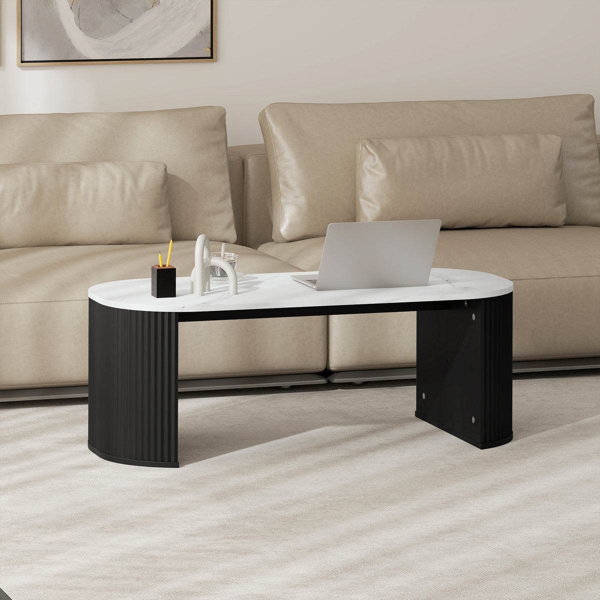 Coffee Table, Modern Marble-Effect Living Room Table with Round Corners and Thicken Legs, Black