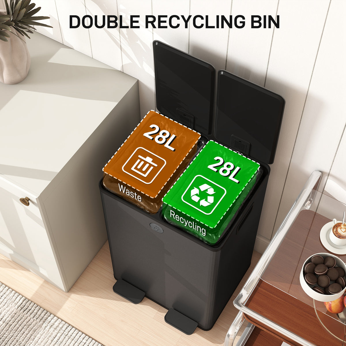 Garbage Bin, Soft-Close Trash Can with Foot Pedal, 2x7.4 Gal (2x28 L) Garbage Can with Removable Inner Buckets, SBlack