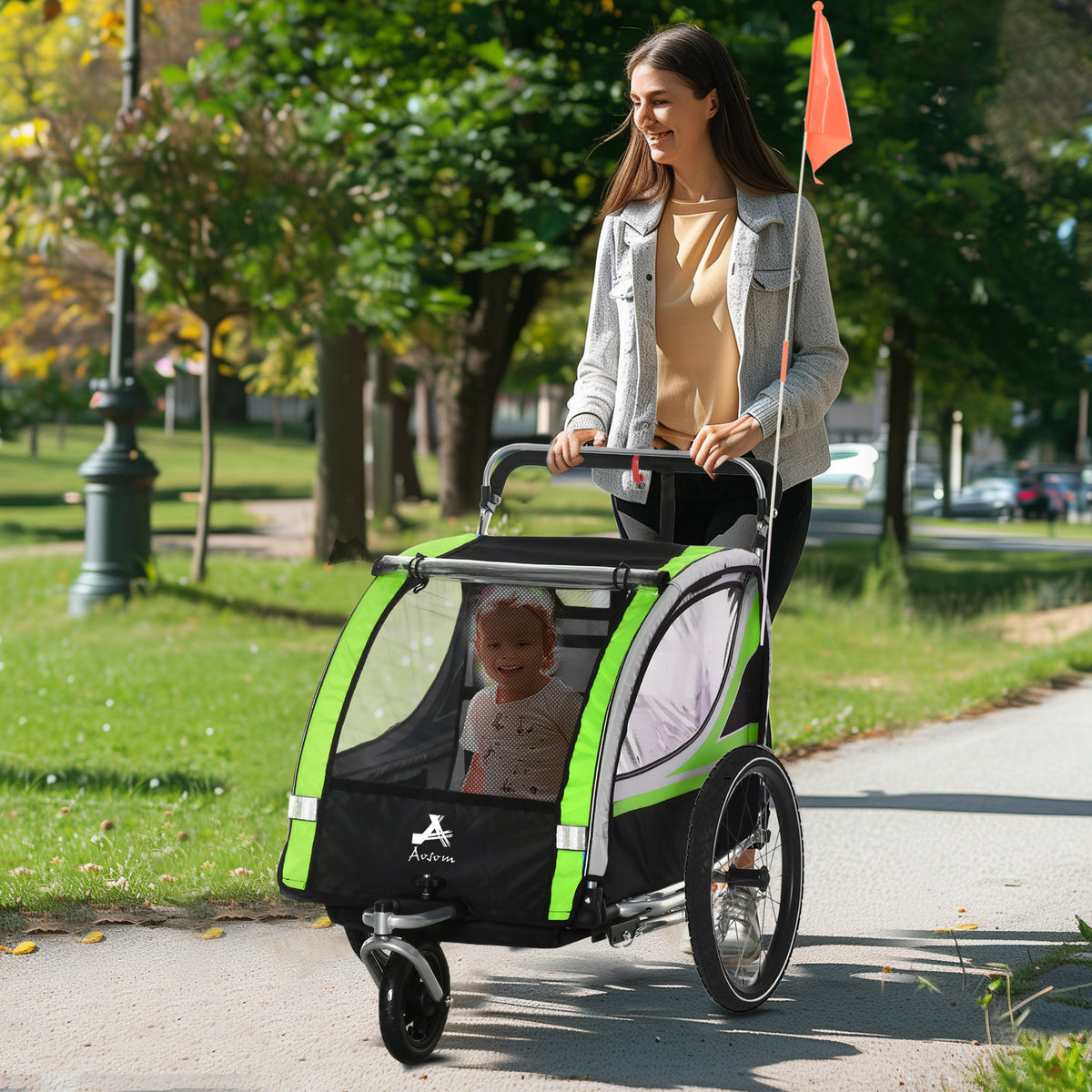 Aosom 3-in-1 Bike Trailer for Kids, Running Stroller with 2 Seats, Jogging Cart with 5-Point Harness, Storage Units