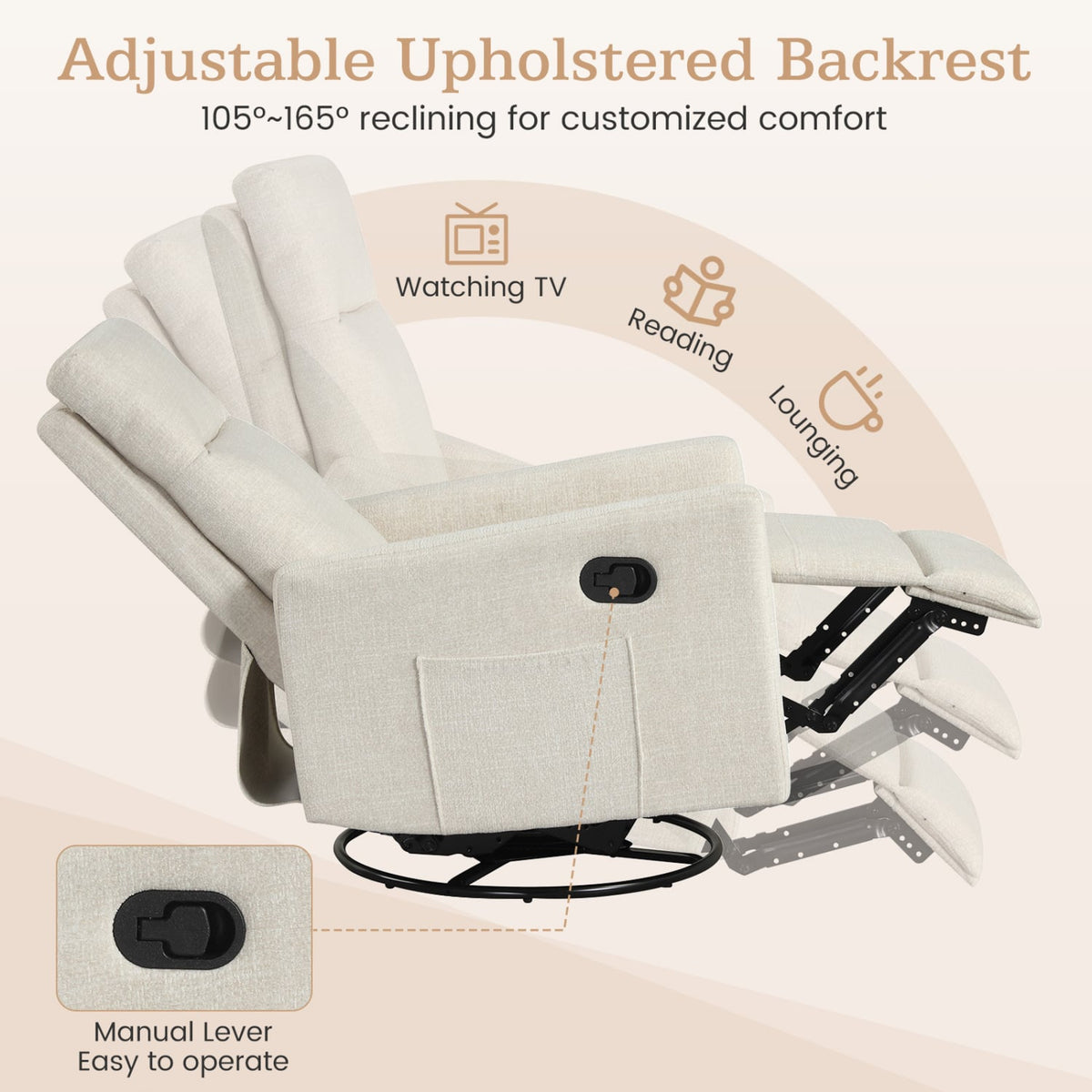 Swivel Rocking Chair 360° Nursery Reclining Rocker Armchair with Cushioned Back-Beige view 7