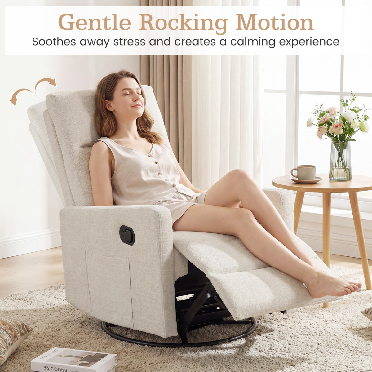 Swivel Rocking Chair 360° Nursery Reclining Rocker Armchair with Cushioned Back-Beige view 8