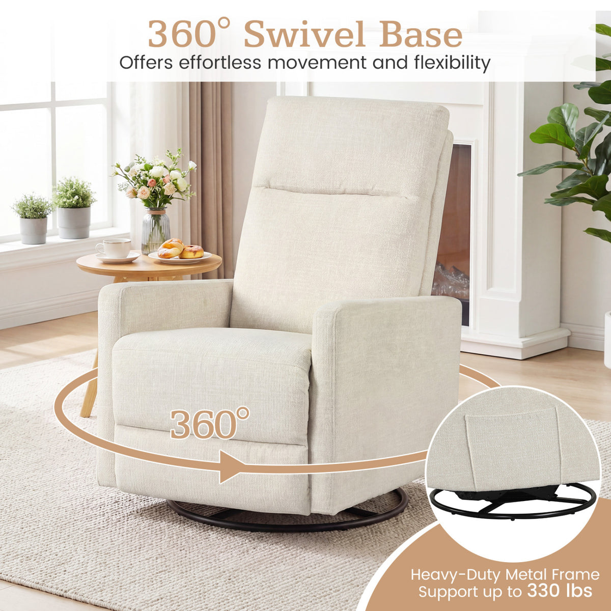 Swivel Rocking Chair 360° Nursery Reclining Rocker Armchair with Cushioned Back-Beige view 9