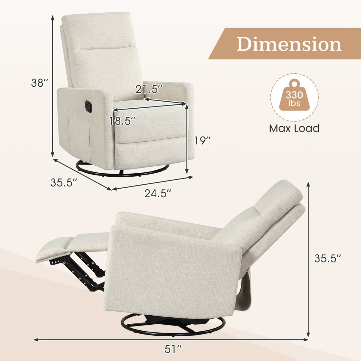 Swivel Rocking Chair 360° Nursery Reclining Rocker Armchair with Cushioned Back-Beige view 4