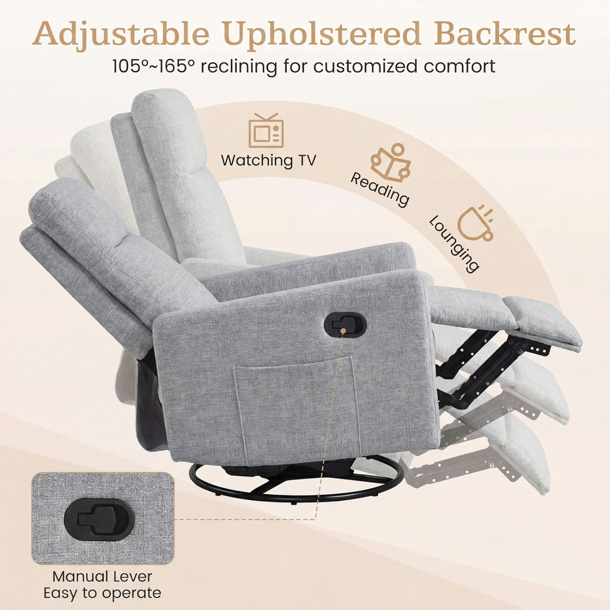 Swivel Rocking Chair 360° Nursery Reclining Rocker Armchair with Cushioned Back-Gray view 7
