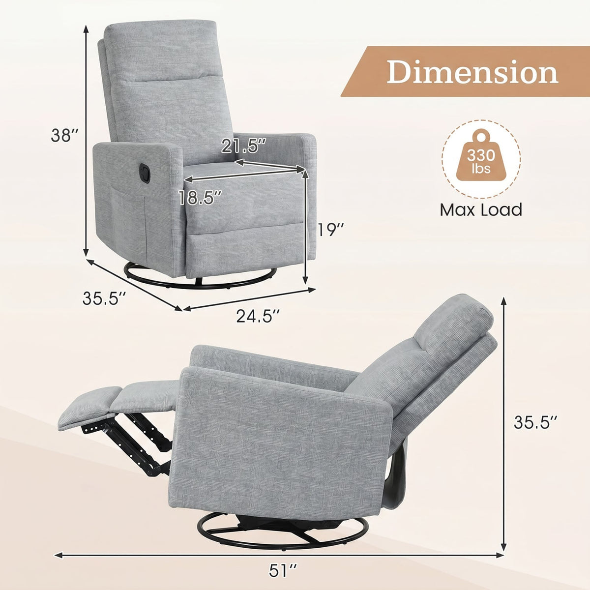 Swivel Rocking Chair 360° Nursery Reclining Rocker Armchair with Cushioned Back-Gray view 4