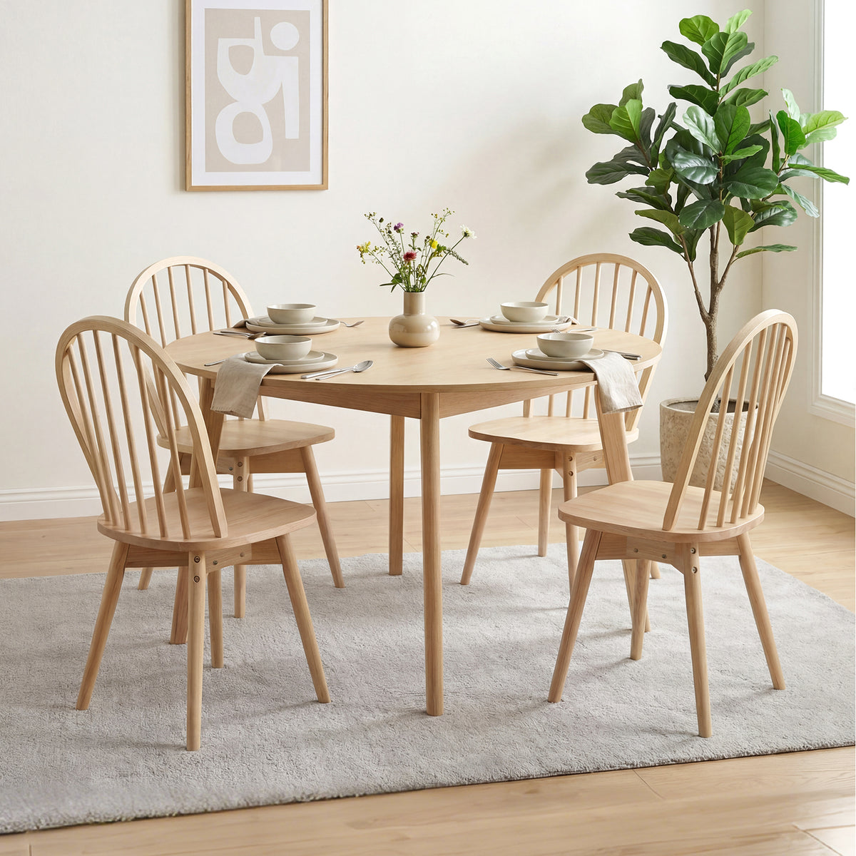 Swivel Windsor Dining Chairs Set of 4 with Solid Rubber Wood Frame-Natural view 2