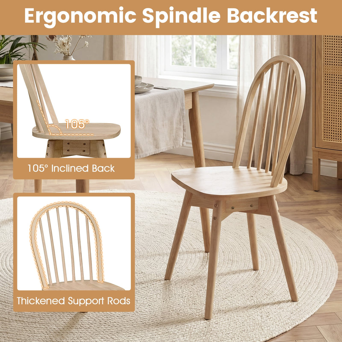 Swivel Windsor Dining Chairs Set of 4 with Solid Rubber Wood Frame-Natural view 5