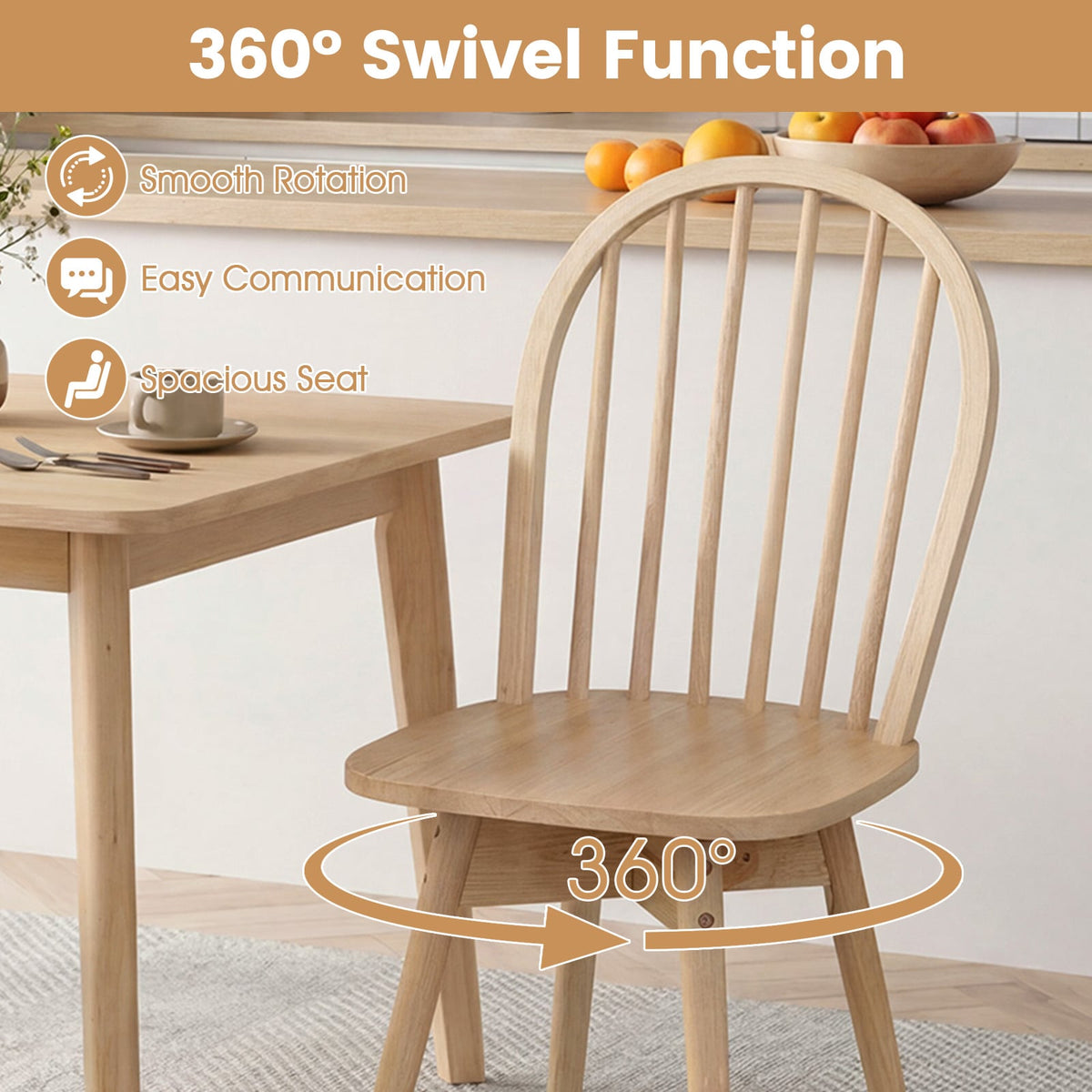 Swivel Windsor Dining Chairs Set of 4 with Solid Rubber Wood Frame-Natural view 7