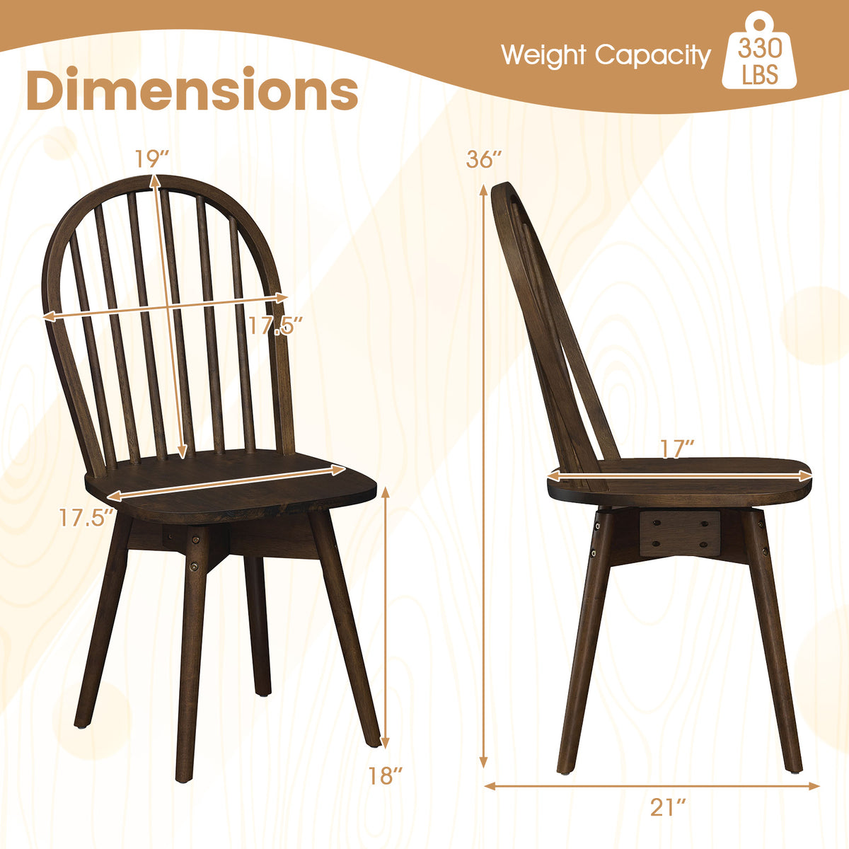 Swivel Windsor Dining Chairs Set of 4 with Solid Rubber Wood Frame-Walnut view 4