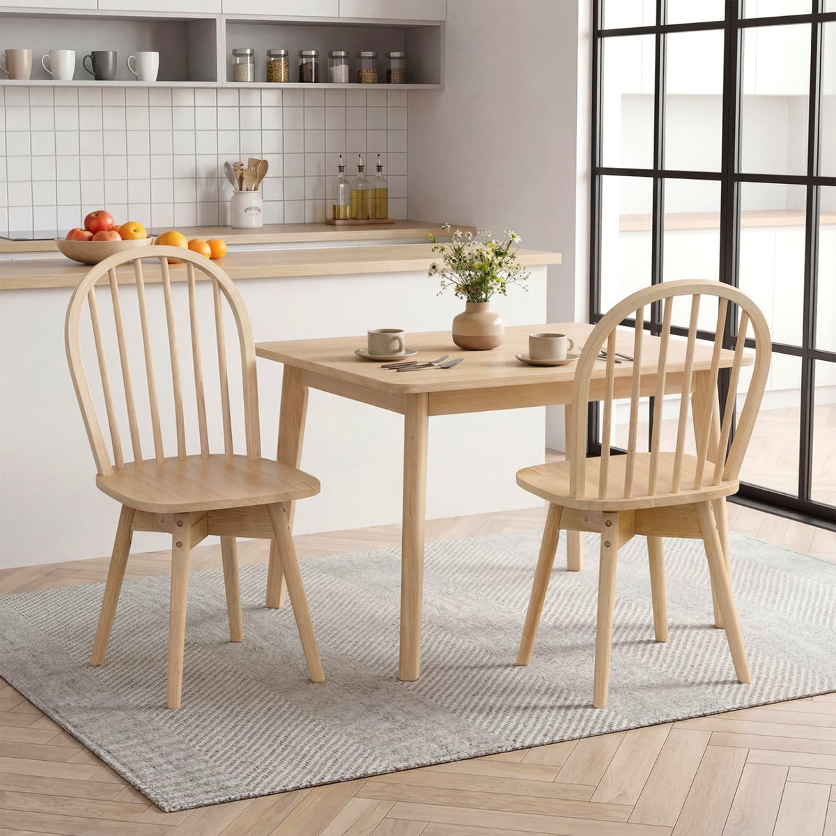 Swivel Windsor Dining Chairs Set of 2 with Solid Rubber Wood Frame-Natural view 2