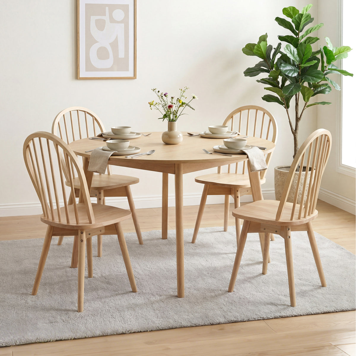 Swivel Windsor Dining Chairs Set of 2 with Solid Rubber Wood Frame-Natural view 3