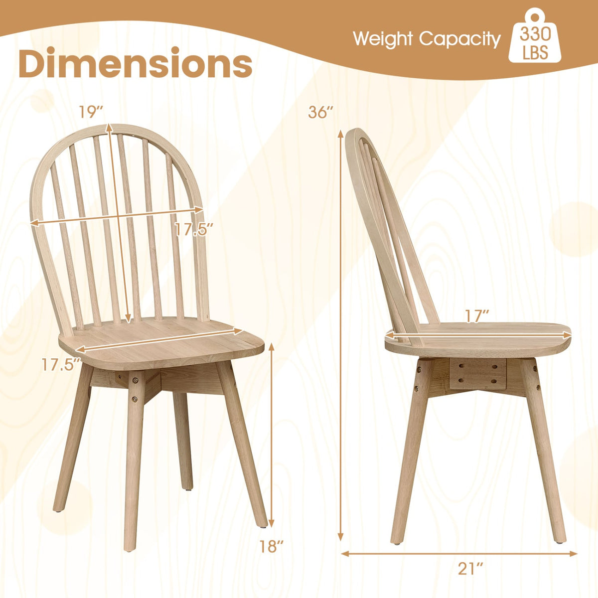 Swivel Windsor Dining Chairs Set of 2 with Solid Rubber Wood Frame-Natural view 4
