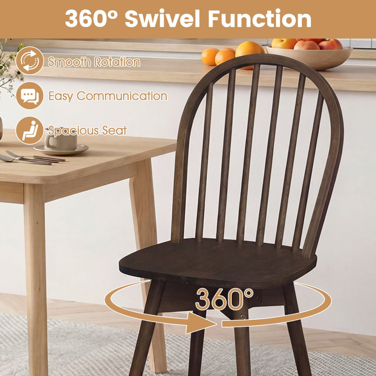 Swivel Windsor Dining Chairs Set of 2 with Solid Rubber Wood Frame-Walnut view 8