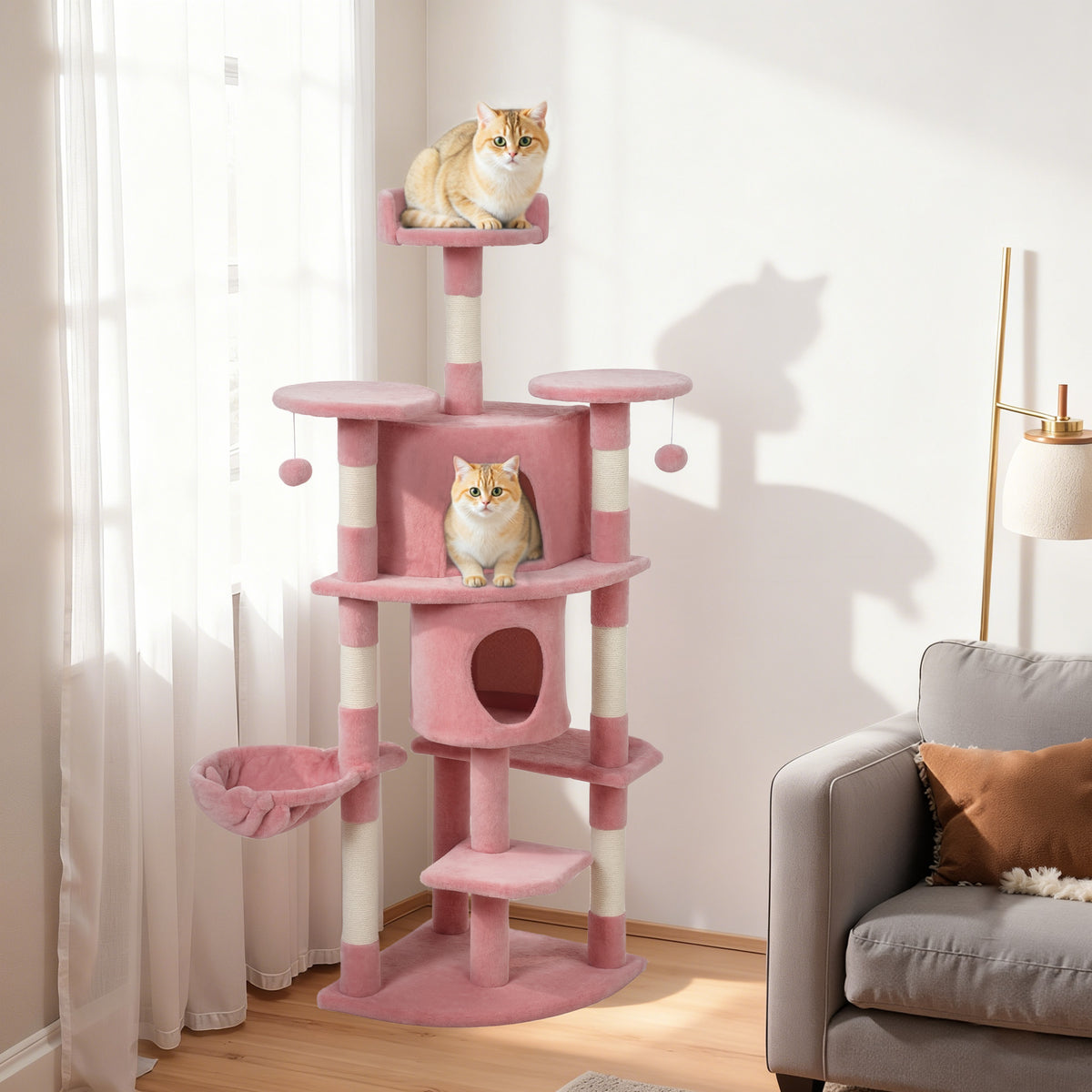 62" Cat Tree with Scratching Post, 2 Condos, Hammock, Perches, Plush, Pompoms, for Indoor Cats, Beige – view 28